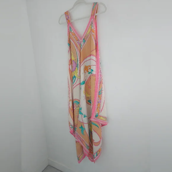BRIJO Vintage Pastel Rolled Jacquard Silk Hankerchief V Tank Maxi Dress - Picture 7 of 16